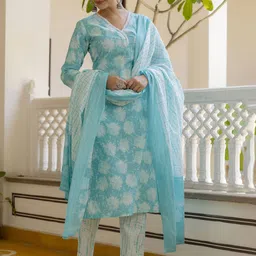 Anouk Floral Yoke Design Regular Pure Cotton Kurta With Pyjamas & Dupatta image 2