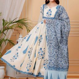 KALINI Ethnic Motifs Printed Pleated Pure Cotton Kurta with Trousers & Dupatta-image-7