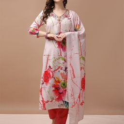 KALINI Floral Printed V-Neck Beads and Stones Straight Kurta & Trousers With Dupatta-picture-37