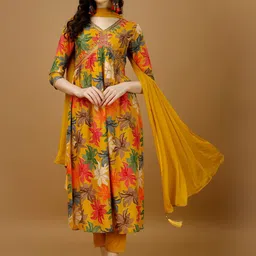 KALINI Floral Printed Empire Thread Work Kurta with Trousers & With Dupatta-picture-11
