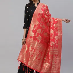 flaher Coral Red & Golden Woven Design Banarasi Dupatta-58