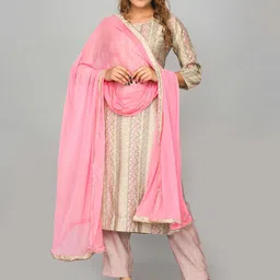 Kesarya Women Pink Floral Pure Silk Kurta with Trousers & With Dupatta-image-59