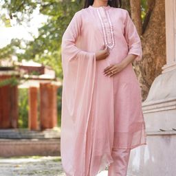 Kesarya Band Collar Chanderi Silk Kurta with Trousers & Dupatta-image-67