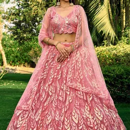 FABPIXEL Embellished Sequinned Net Semi-Stitched Lehenga & Unstitched Blouse With Dupatta-10