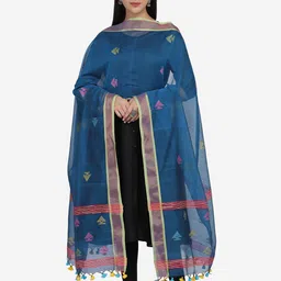 THE WEAVE TRAVELLER Blue & Pink Ethnic Motifs Woven Design Jamdani Dupatta with Zari-image-35