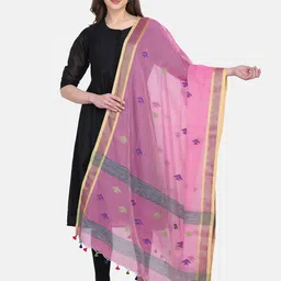 THE WEAVE TRAVELLER Pink & Grey Ethnic Motifs Woven Design Dupatta with Zari-0