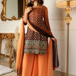 KALINI Floral Embroidered Sequinned Straight Kurti With Palazzos & Dupatta-8