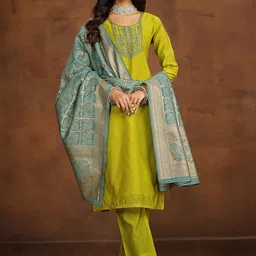 Sangria Lime Green Floral Embroidered Straight Kurta With Trouser & Dupatta-picture-7