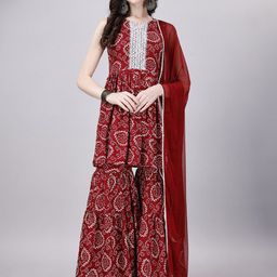 KALINI Bandhani Printed Gotta Patti Sleeveless A-Line Kurti With Sharara & Dupatta-image-61