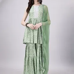 KALINI Bandhani Printed Gotta Patti Sleeveless A-Line Kurti With Sharara & Dupatta-24