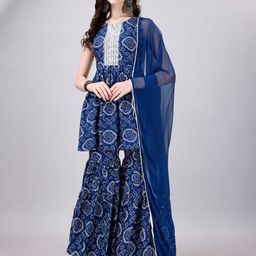 KALINI Bandhani Printed Mirror Work Kurti With Sharara & Dupatta-4
