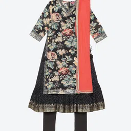 Biba Girls Black Floral Printed Kurta with Pyjamas & With Dupatta-image-61