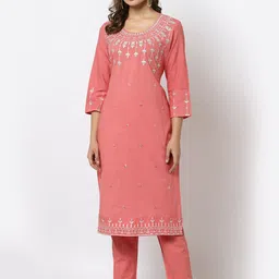 YELLOW CLOUD Women Pink Cotton Embroidery Straight Kurta Pant Mulmul Dupatta Set-picture-2
