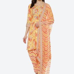 Biba Women Yellow Floral Printed Mirror Work Kurti with Dhoti Pants & Dupatta Kurta Set-image-55