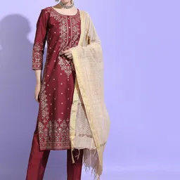 Vishudh Women Ethnic Motifs Viscose Rayon Kurta with Trouser and Jacket-image-60