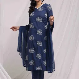 Anouk Floral Embroidered V-Neck Pure Cotton Straight Kurta with Trousers & Dupatta-77
