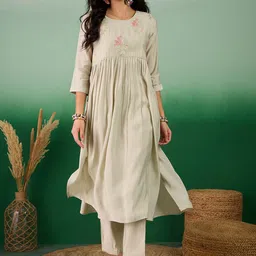 Sangria Sequin Embroidered Round Neck A Line Kurta With Trouser-28