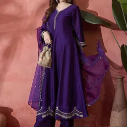 Sangria Floral Embroidered V-Neck A-Line Kurta With Trousers & Dupatta-53