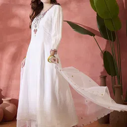 Sangria White Thread Work Round Neck A-Line Kurta With Trousers And Dupatta-picture-36