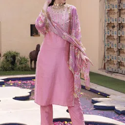 Sangria Yoke Design Sequined Thread Work Kurta & Trousers With Dupatta-image-50