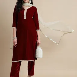 HERE&NOW Maroon Ethnic Motifs Yoke Design Straight Velvet Kurta & Trousers With Dupatta-12