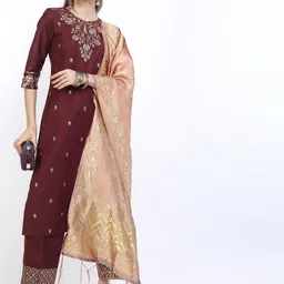 Vishudh Women Burgundy Kurta with Trousers & With Dupatta-image-12