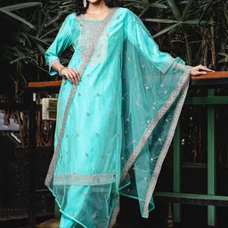 Anouk Teal Blue Ethnic Motifs Embroidered Round-Neck Straight Kurta With Trouser & Dupatta-picture-42