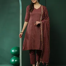 AKS Printed V-Neck A-Line Kurta With Trousers & Dupatta-picture-41