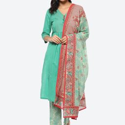 Biba Women Plus Size Pleated Kurta with Trousers & With Dupatta-picture-1