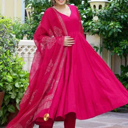 KALINI Empire Calf Length Anarkali V-Neck Cotton Blend Kurta with Trousers & With Dupatta-40
