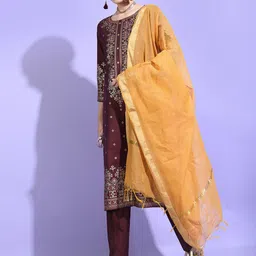 Vishudh Women Burgundy Ethnic Motifs Viscose Rayon Kurta with Trouser & Dupatta-11
