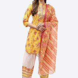Biba Women Yellow Floral Printed Kurta with Trousers & With Dupatta-picture-8