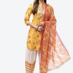 Biba Women Yellow Floral Printed Panelled Kurti with Salwar & With Dupatta-image-36