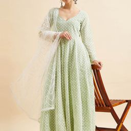 PANIT Embroidered Chikankari Georgette Maxi Ethnic Dress With Dupatta-image-41