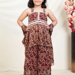 Bugandbees Girls Floral Printed Square Neck Peplum Top & Palazzo With Dupatta-picture-21