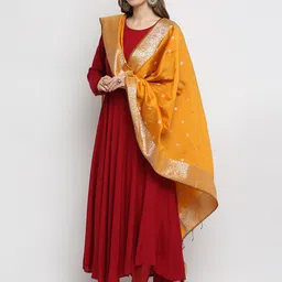 Dupatta Bazaar Mustard Yellow Ethnic Motifs Woven Design Silk Dupatta-30