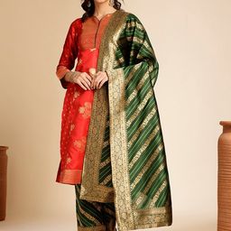Anouk Ethnic Motifs V-Neck Regular Straight Kurta with Trousers & Dupatta-image-37