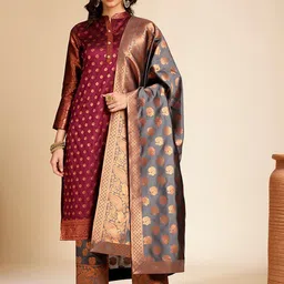 Anouk Ethnic Motifs Woven Design Zari Mandarin Collar Kurta With Palazzos & Dupatta-picture-21