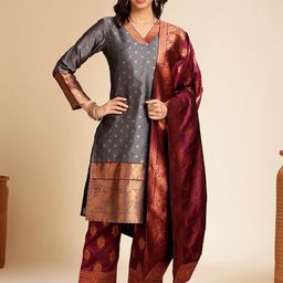 Anouk Ethnic Motifs V-Neck Regular Kurta with Palazzos & Dupatta-image-75