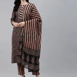 Vbuyz Women Brown & Black Ethnic Motifs Printed Pure Cotton Kurta with Trousers & Dupatta-picture-13
