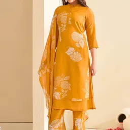 DRESOUL Floral Printed Mandarin Collar Straight Kurta with Palazzos & Dupatta-15