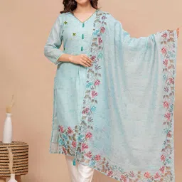 MissKurti Floral Printed Regular Sequinned Linen Kurta with Trouser & Dupatta-image-49