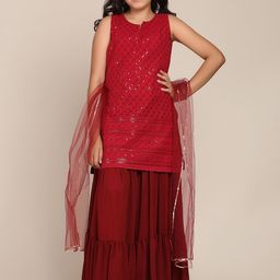 Bitiya by Bhama Girls Maroon Embroidered Kurti with Sharara & With Dupatta-image-28