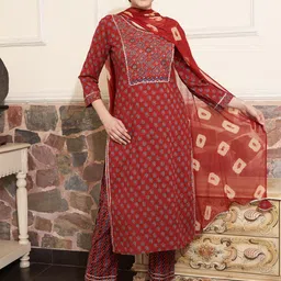 Sangria Maroon Ethnic Motifs Printed Mirror Work Pure Cotton Kurta with Trousers & Dupatta-41