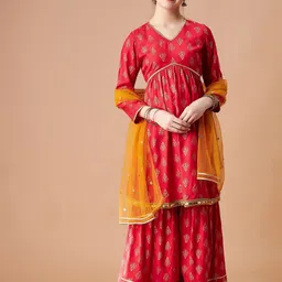 Cherry & Jerry Girls Ethnic Motifs Printed Cotton A-Line Kurta with Sharara & With-picture-22