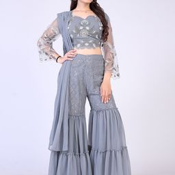 PRENEA Women Grey Yoke Design Tiered Kurti with Skirt & With Dupatta-image-12