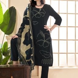 Anouk Blue Floral Printed Regular Sequinned Straight Kurta With Trousers & Dupatta-picture-1