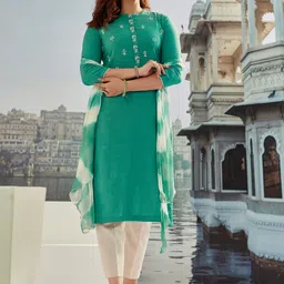 WOMEN PLUS Ethnic Motifs Embroidered Thread Work Pure Cotton Kurta with Trousers & Dupatta-picture-16