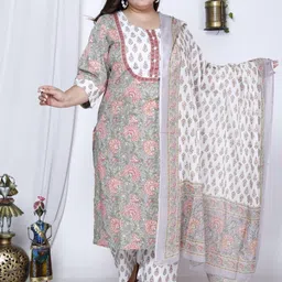 Swasti Plus Size Floral Printed Regular Pure Cotton Kurta With Trouser & Dupatta image 1