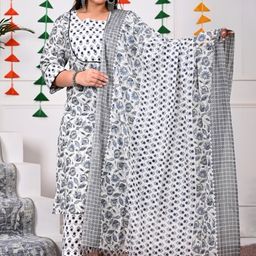 Swasti Plus Size Floral Printed Regular Pure Cotton Kurta With Trousers & Dupatta image 1